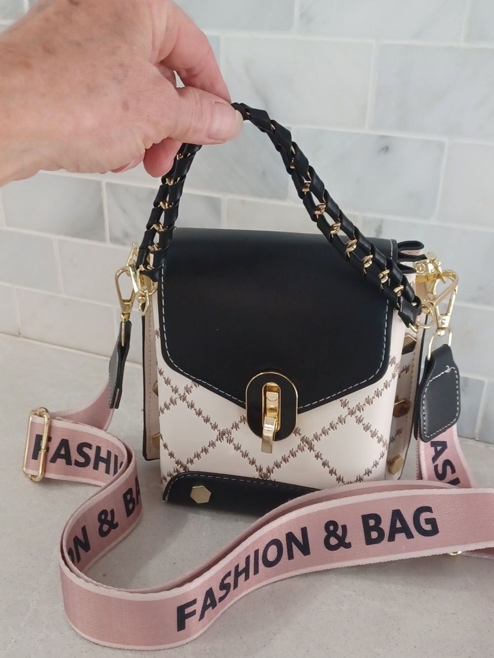 Black Cream Pink Diamond Crossbody Mini Box Bag Purse Removable Wide Strap - Picture 2 of 11